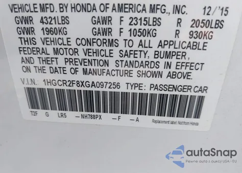 2016 Honda Accord Ex-L из США, поврежденный, VIN 1HGCR2F8XGA097256